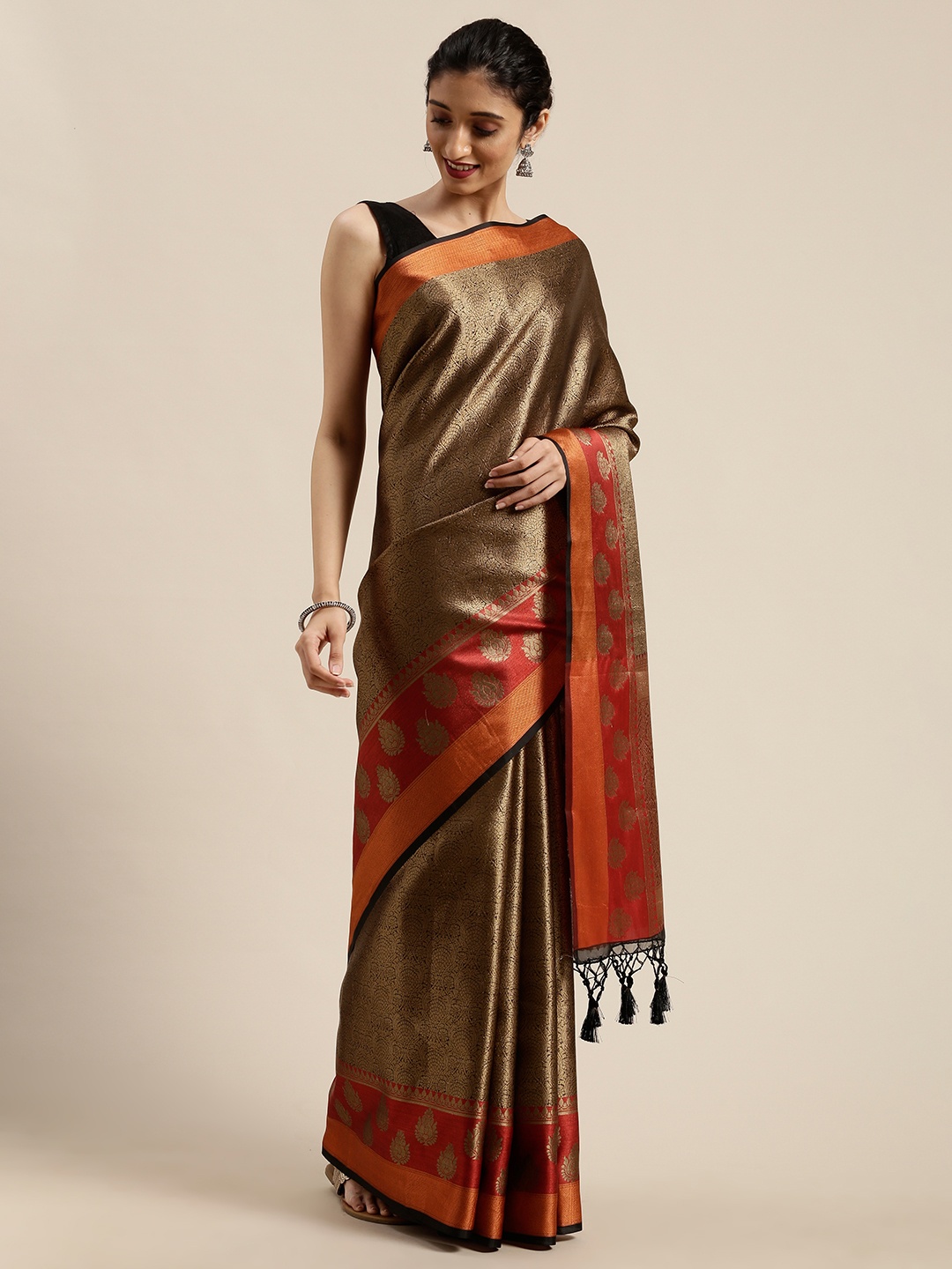 

MIMOSA Golden & Orange Art Silk Woven Design Banarasi Saree, Gold