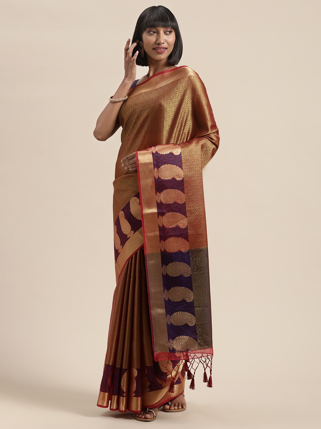 

MIMOSA Red & Gold-Toned Woven Design Kanjeevaram Saree
