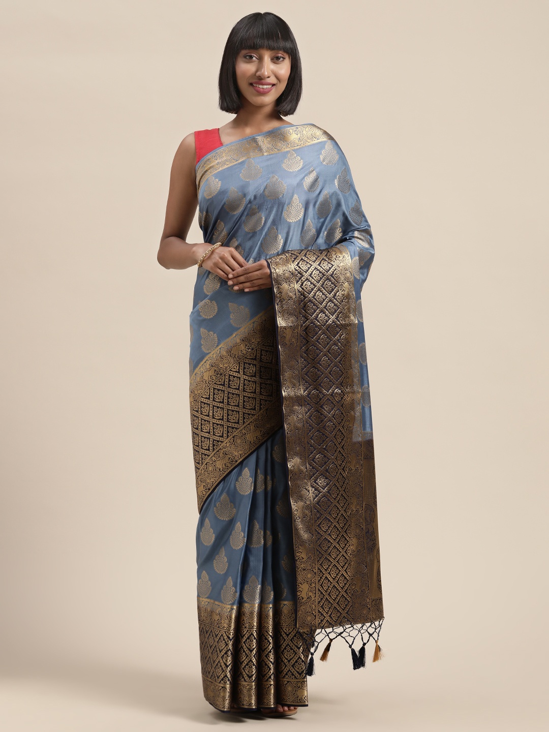 

MIMOSA Blue & Gold-Toned Woven Design Kanjeevaram Saree