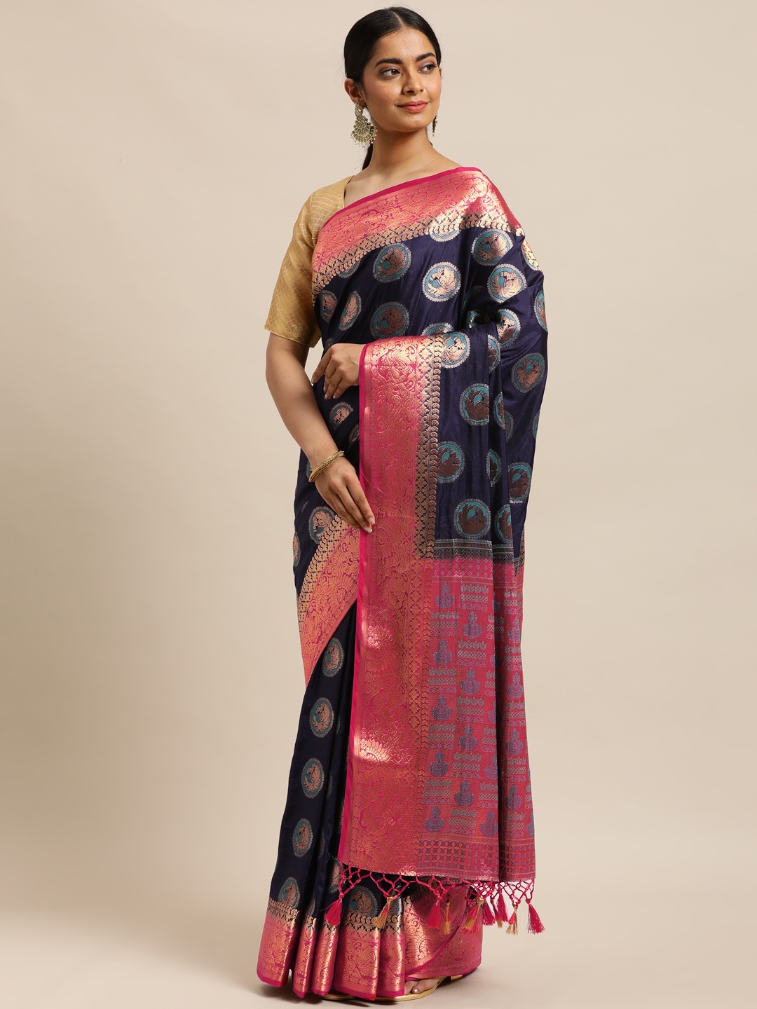 

MIMOSA Navy Blue & Pink Woven Design Zari Kanjeevaram Art Silk Saree