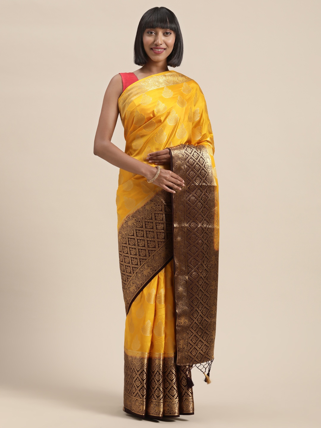 

MIMOSA Yellow & Gold-Toned Art Silk Woven Design Kanjeevaram Saree