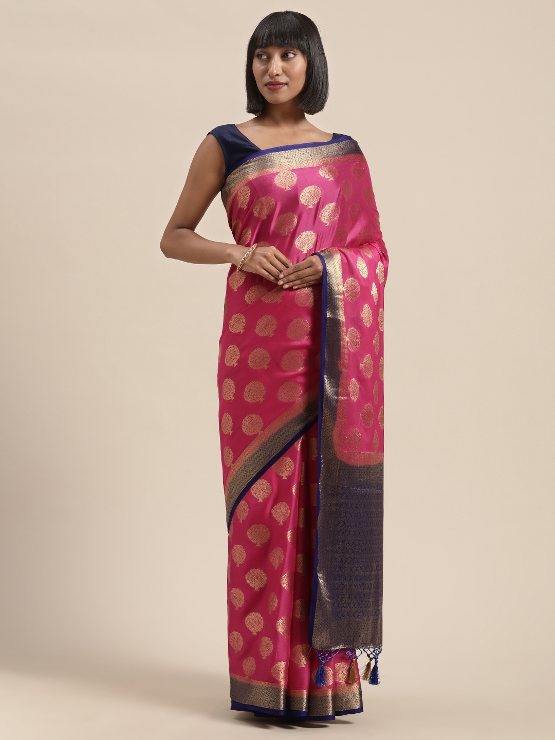 

MIMOSA Pink & Golden Poly Crepe Woven Design Mysore Silk Saree