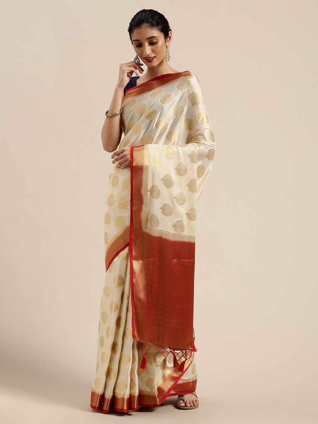 

MIMOSA Off-White & Gold-Toned Poly Crepe Woven Design Mysore Silk Saree