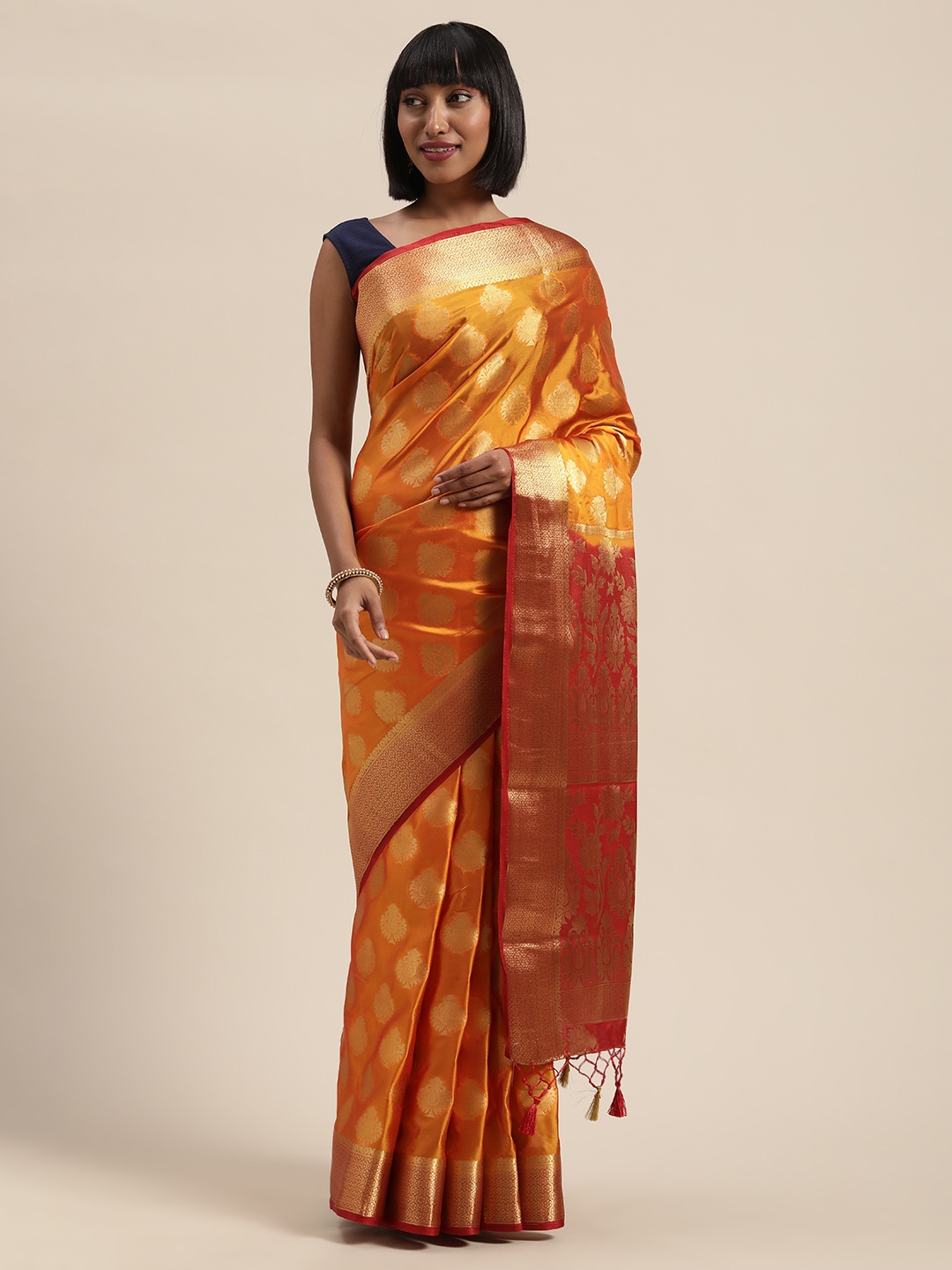 

MIMOSA Yellow & Gold-Toned Woven Design Mysore Silk Saree