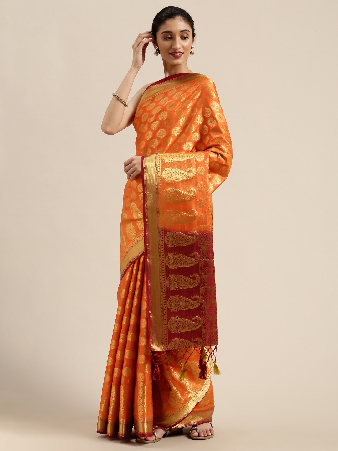 

MIMOSA Orange & Gold-Toned Art Silk Woven Design Kanjeevaram Saree