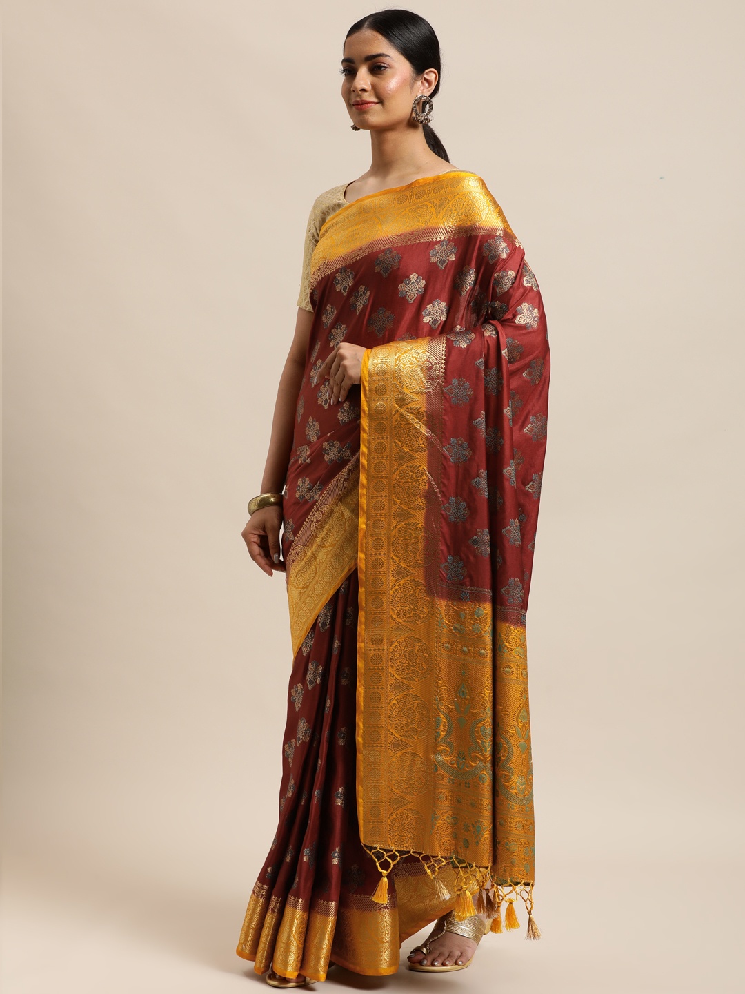 

MIMOSA Maroon & Golden Floral Woven Design Zari Art Silk Kanjeevaram Saree