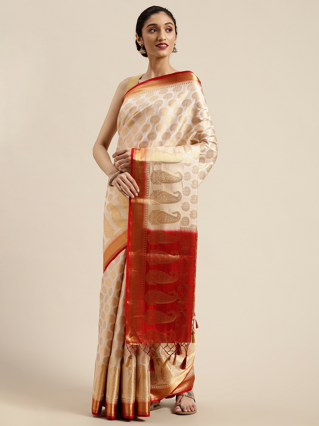 

MIMOSA Off-White & Gold-Toned Woven Design Kanjeevaram Saree