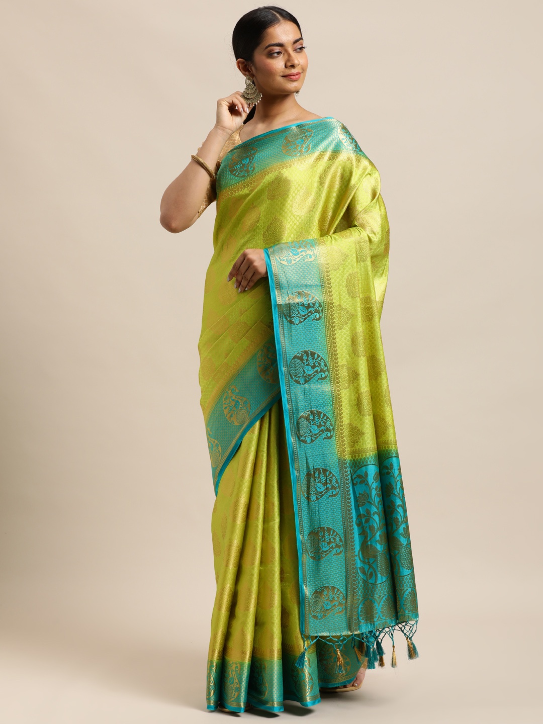 

MIMOSA Lime Green & Blue Woven Design Kanjeevaram Art Silk Saree
