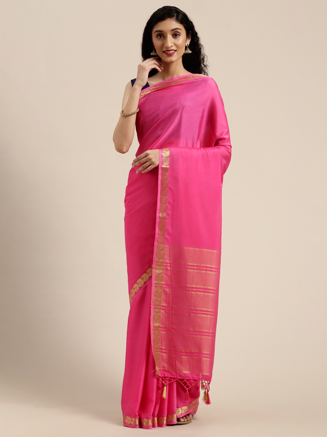 

MIMOSA Pink Poly Crepe Solid Mysore Silk Saree