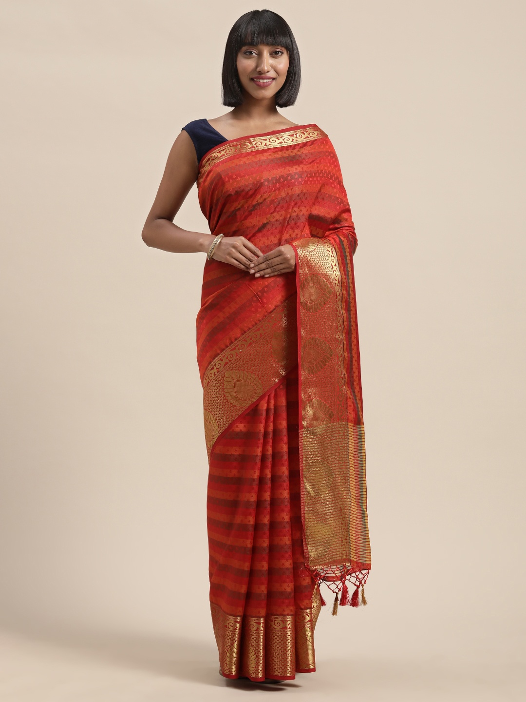 

MIMOSA Red & Gold-Toned Striped Kanjeevaram Saree