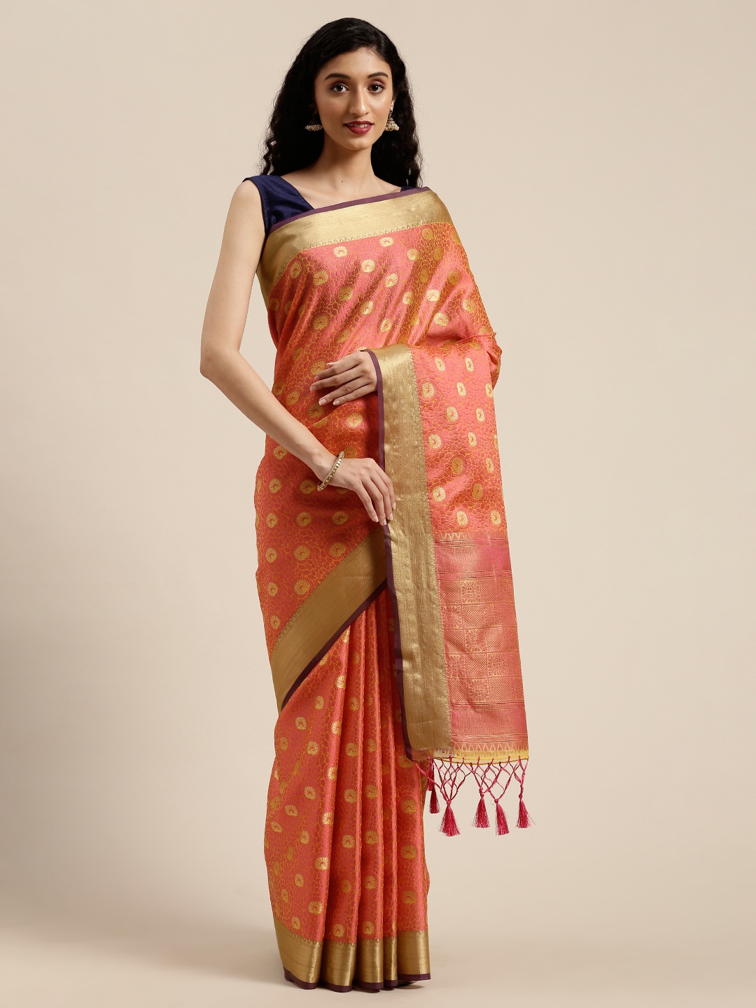 

MIMOSA Pink & Golden Art Silk Woven Design Kanjeevaram Saree