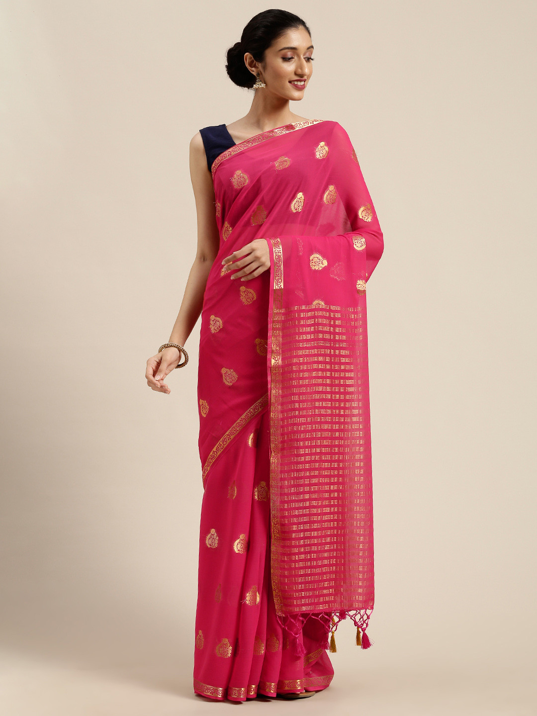 

MIMOSA Pink & Gold-Toned Woven Design Banarasi Saree