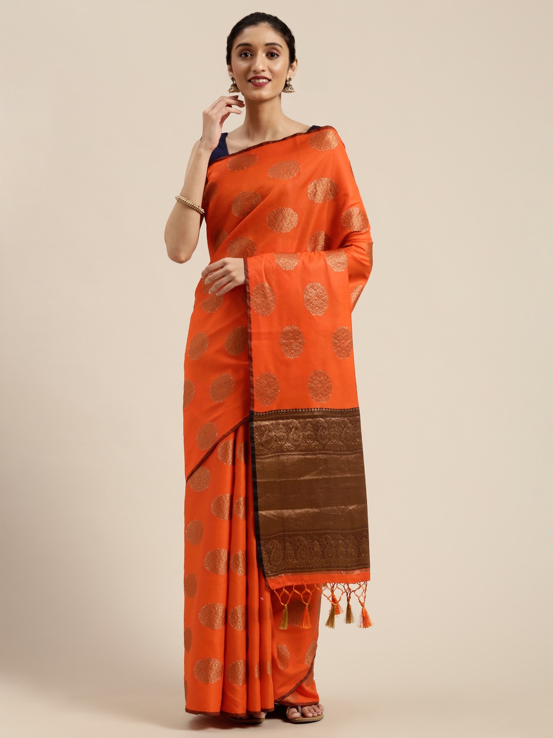 

MIMOSA Orange & Gold-Toned Art Silk Woven Design Kanjeevaram Saree