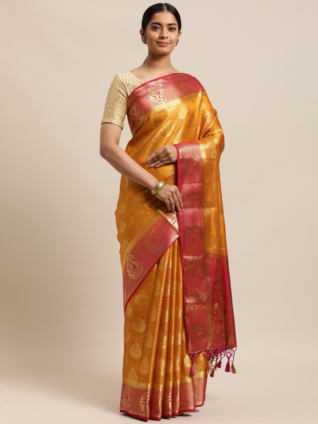 

MIMOSA Mustard Yellow & Golden Floral Woven Design Zari Art Silk Kanjeevaram Saree