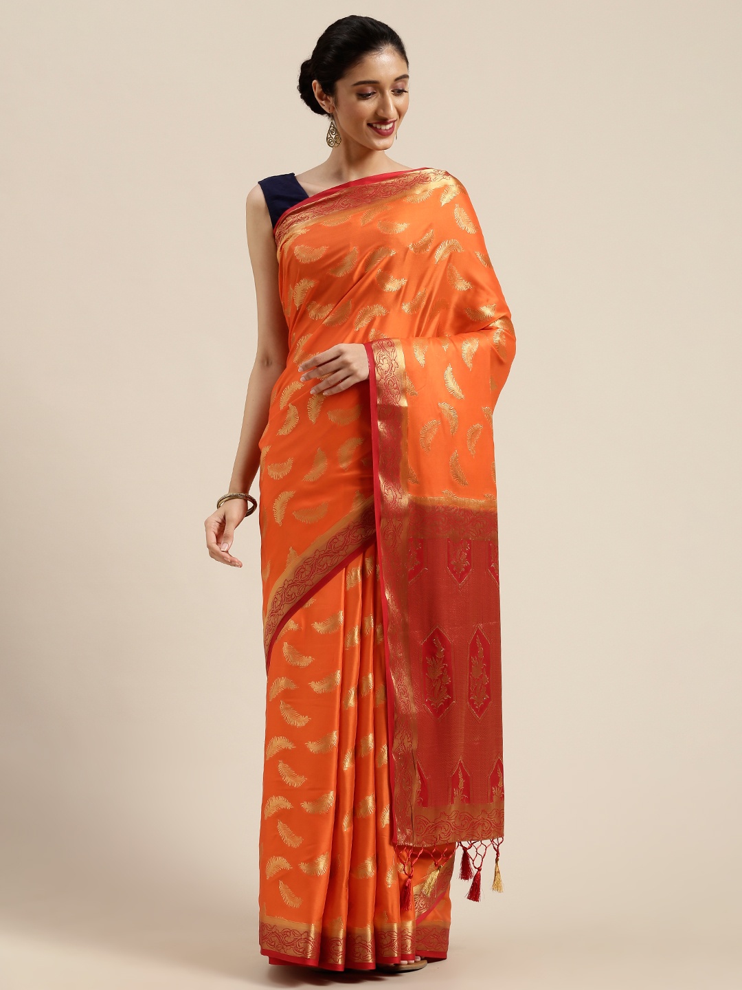 

MIMOSA Orange & Gold-Toned Poly Crepe Woven Design Mysore Silk Saree