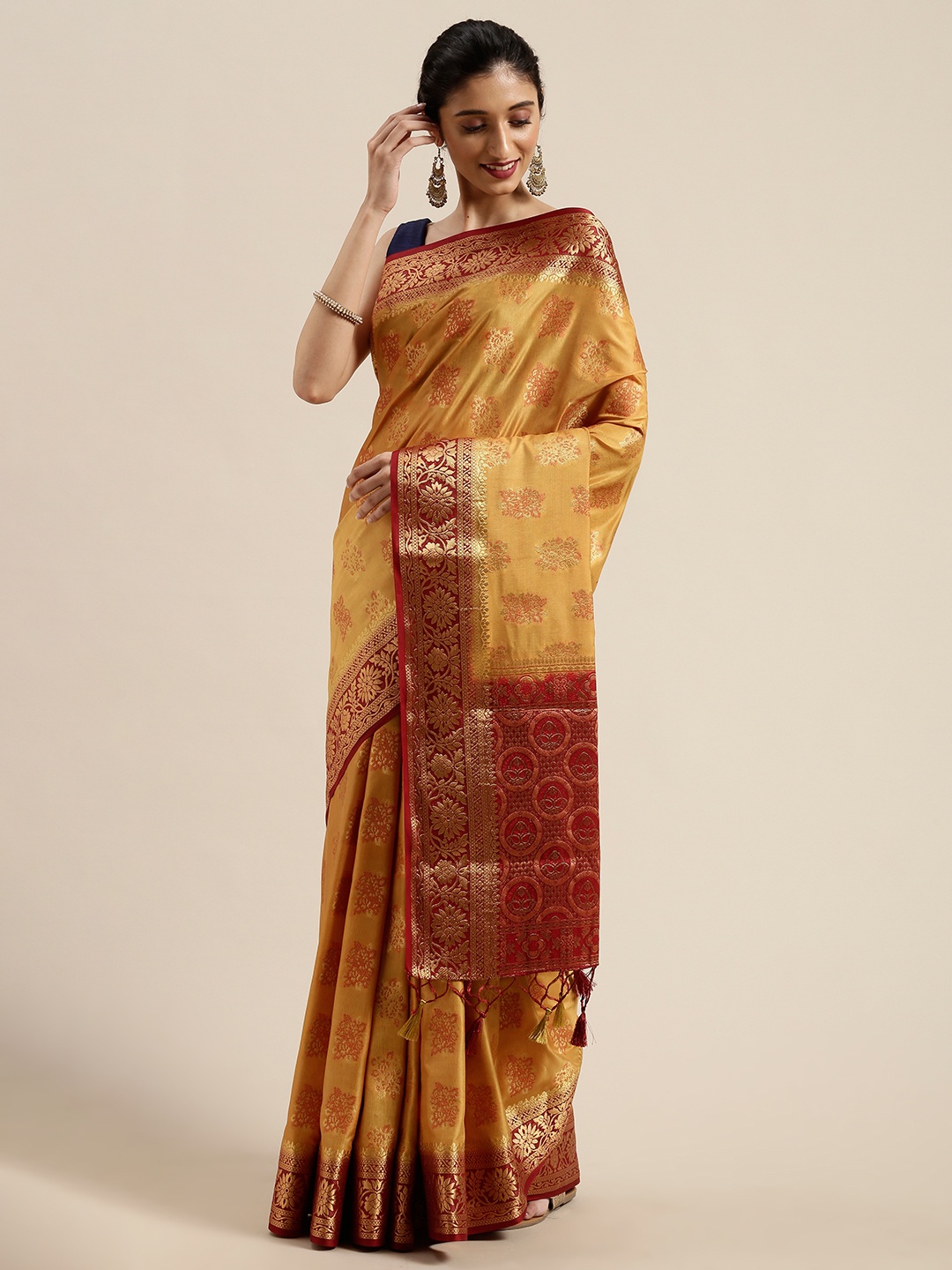 

MIMOSA Mustard & Gold-Toned Woven Design Kanjeevaram Saree