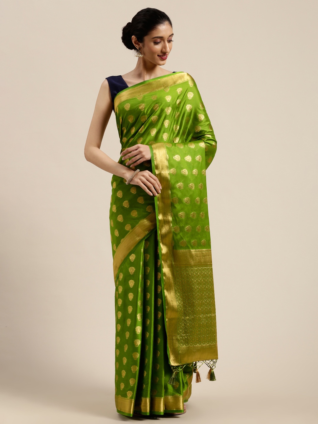 

MIMOSA Green & Gold-Toned Woven Design Mysore Silk Saree