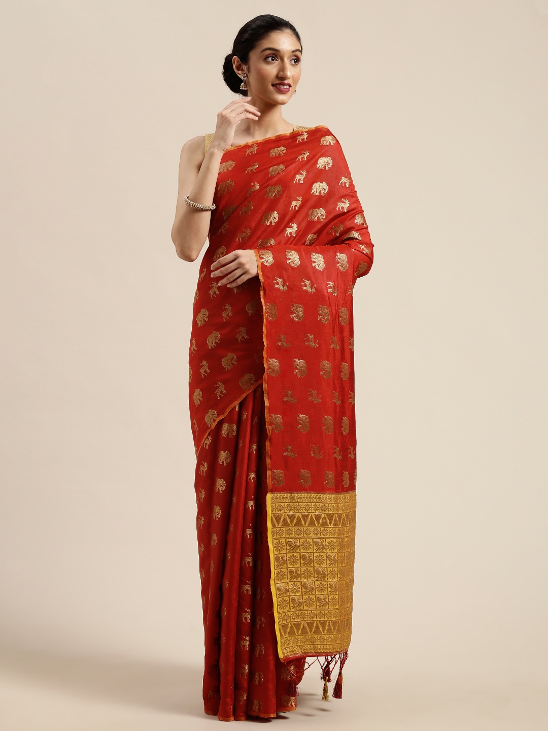

MIMOSA Maroon & Gold-Toned Art Silk Woven Design Kanjeevaram Saree