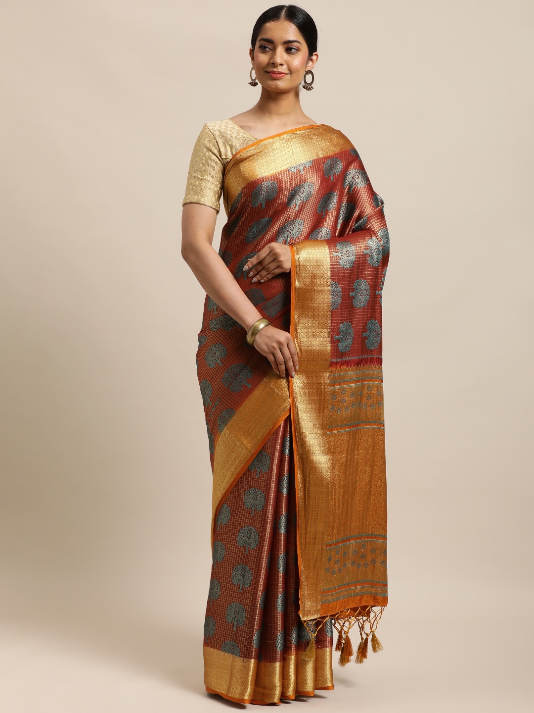 

MIMOSA Maroon & Blue Floral Woven Design Zari Art Silk Kanjeevaram Saree