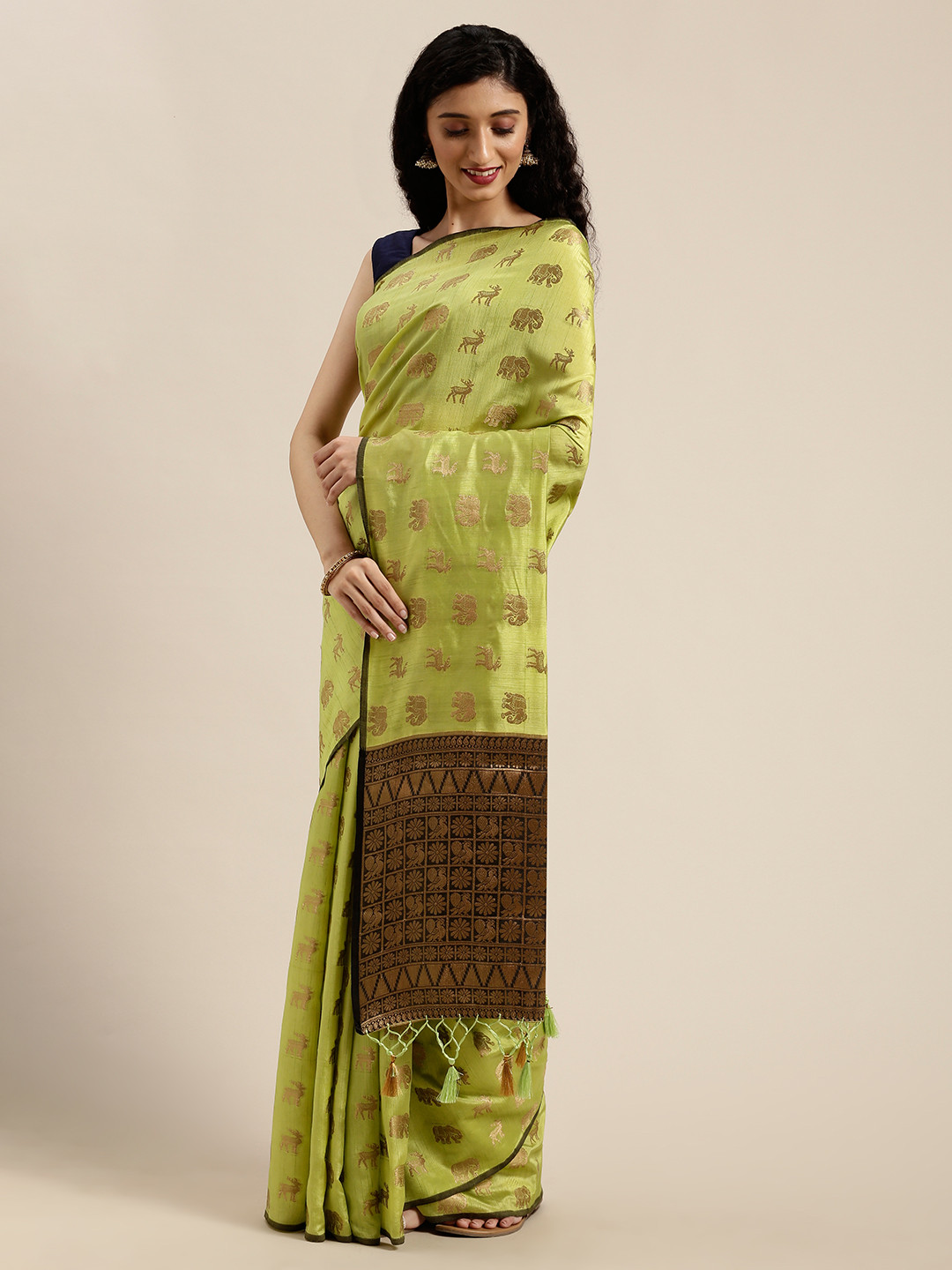 

MIMOSA Lime Green & Gold-Toned Art Silk Woven Design Kanjeevaram Saree