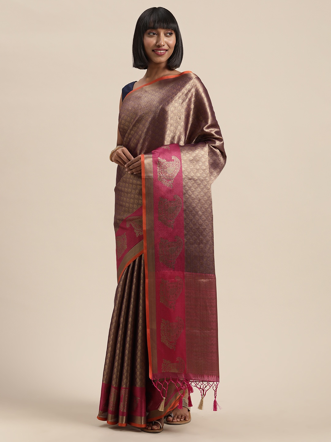 

MIMOSA Purple & Golden Art Silk Woven Design Kanjeevaram Saree