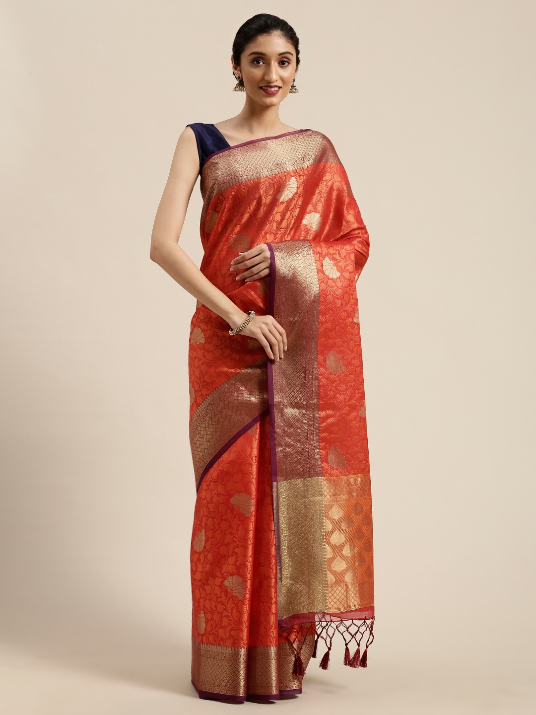 

MIMOSA Coral Red & Orange Art Silk Woven Design Kanjeevaram Saree