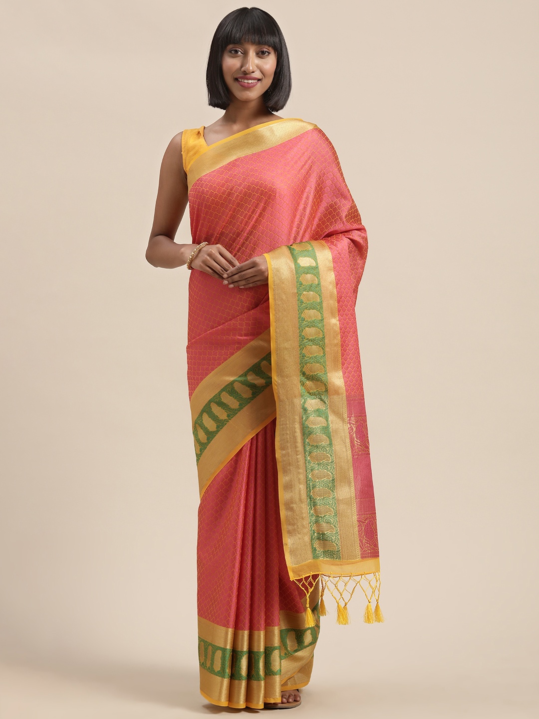 

MIMOSA Pink & Gold-TonedWoven Design Kanjeevaram Saree