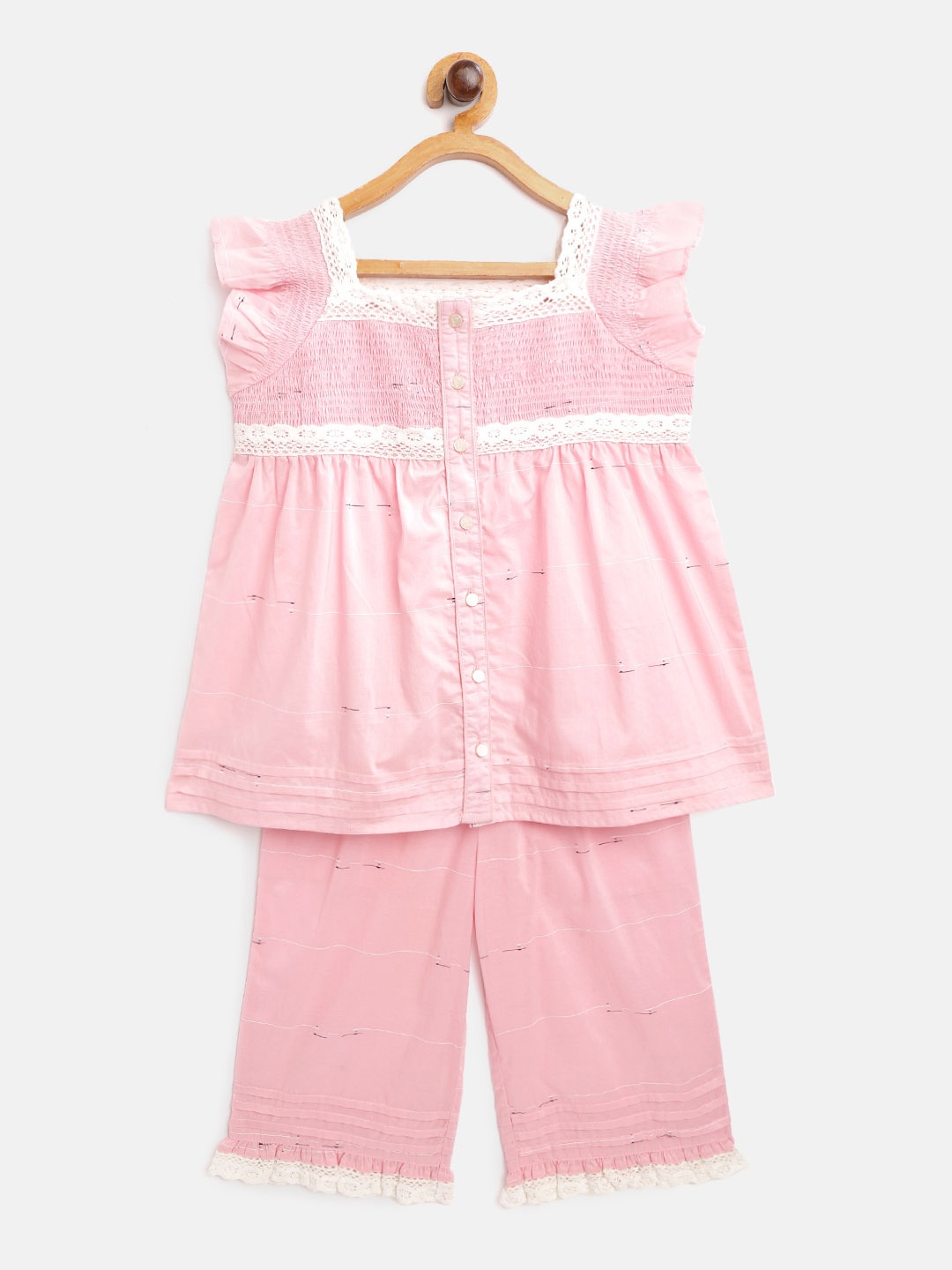 

Cherry Crumble Girls Pink & White Striped Cotton Night suit