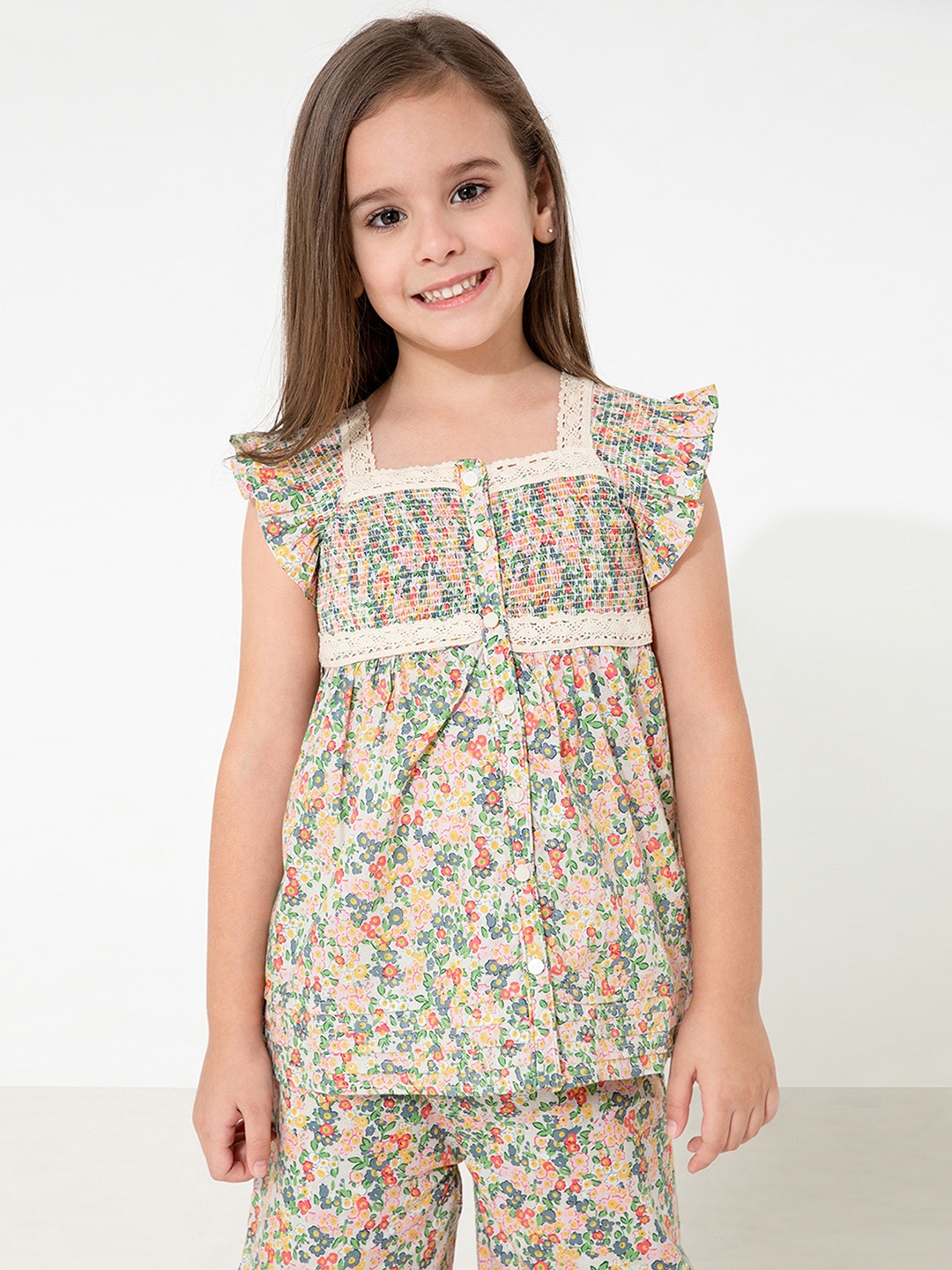 

Cherry Crumble Girls Off-White & Pink Floral Print Cotton Night suit