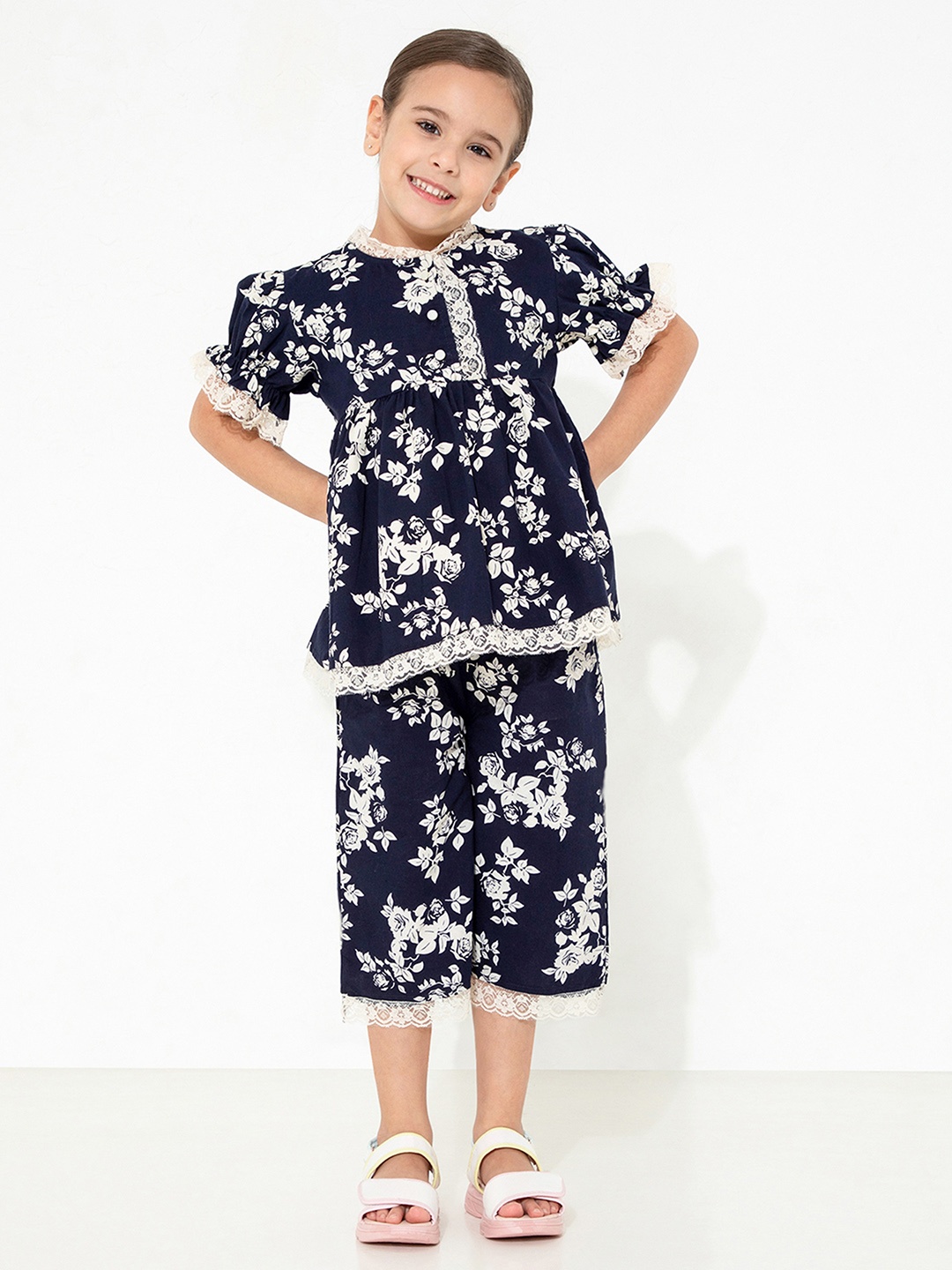 

Cherry Crumble Girls Navy Blue & White Floral Print Cotton Night suit