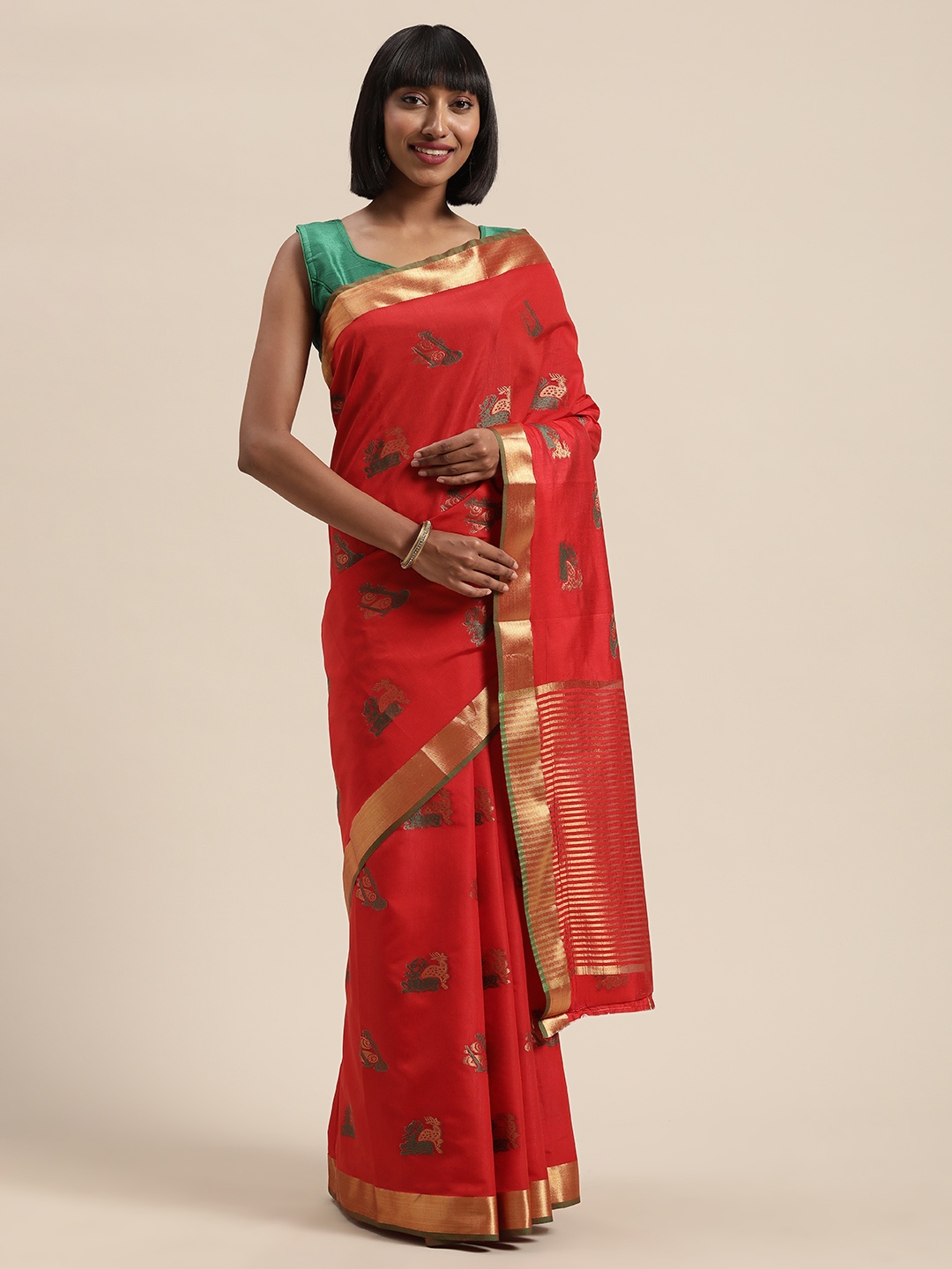 

MIMOSA Red & Green Art Silk Woven Design Kanjeevaram Saree
