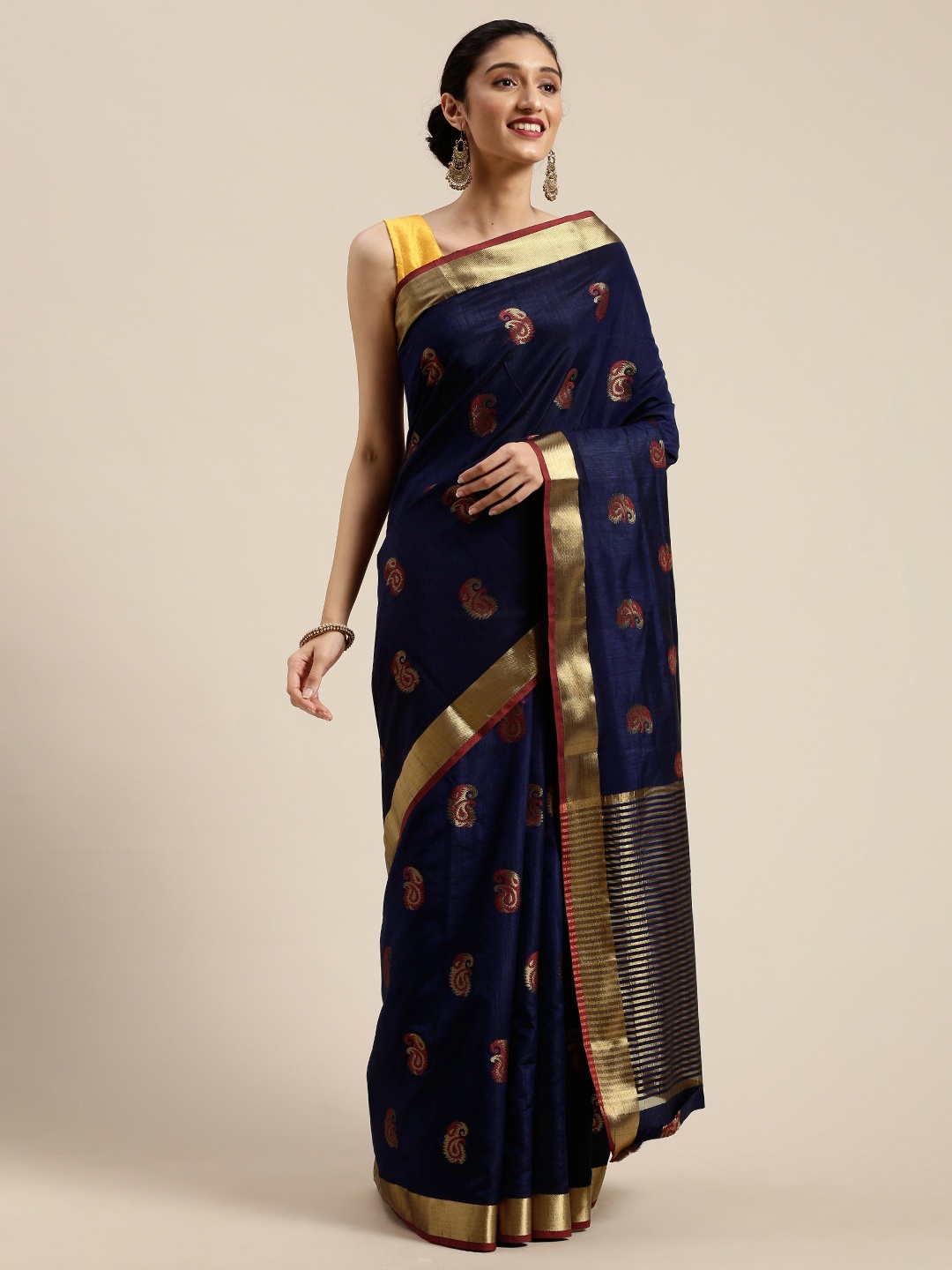 

MIMOSA Navy Blue & Maroon Art Silk Woven Design Kanjeevaram Saree