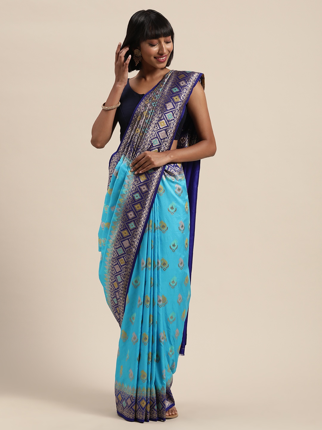 

MIMOSA Turquoise Blue & Mustard Yellow Art Silk Woven Design Kanjeevaram Saree