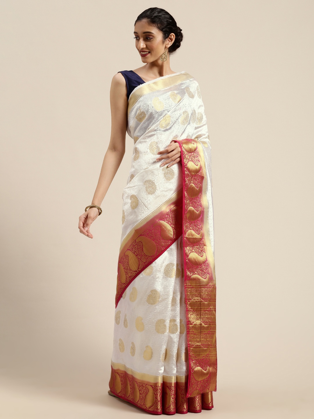 

MIMOSA White & Gold-Toned Art Silk Woven Design Kanjeevaram Saree