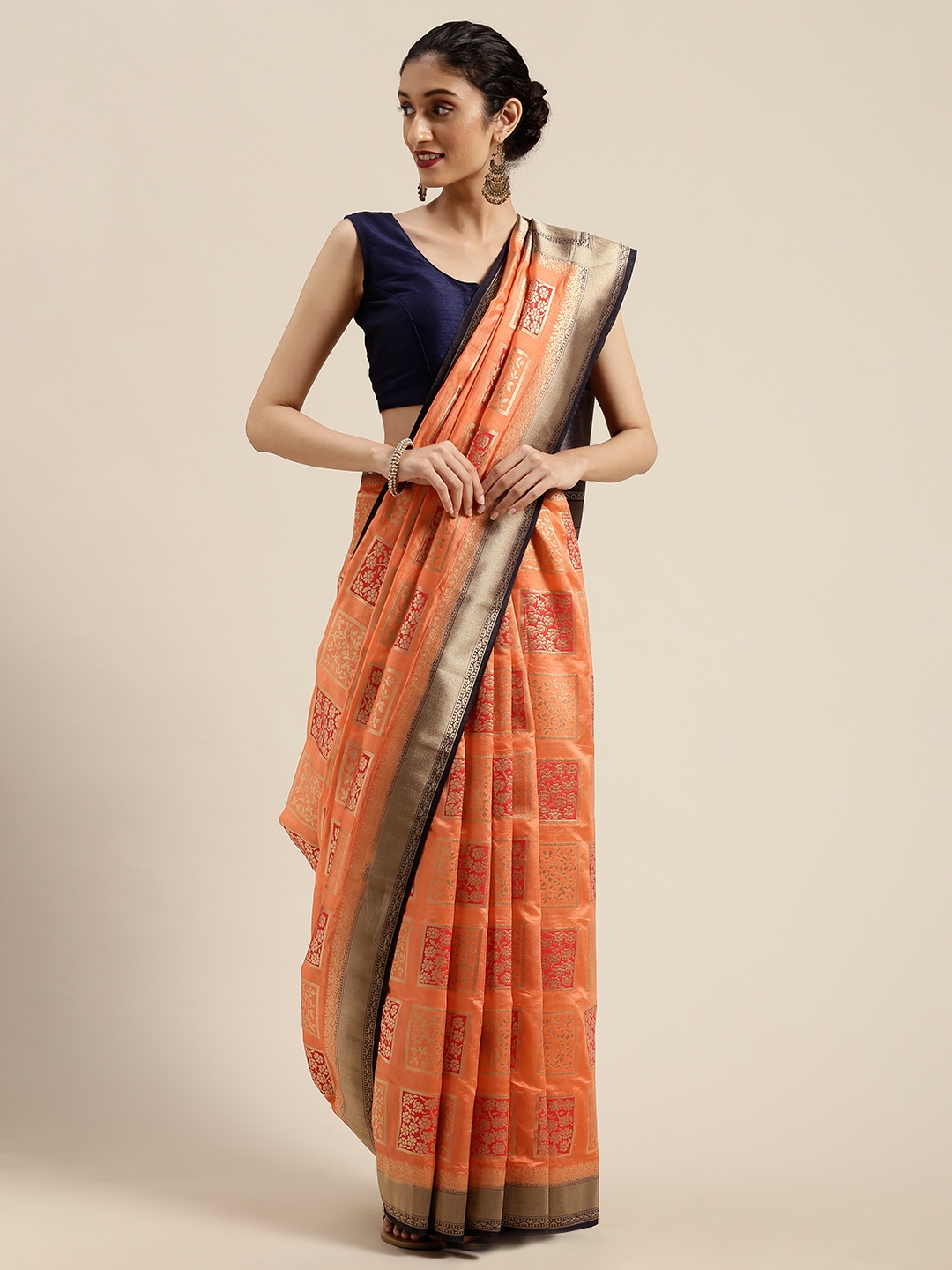 

MIMOSA Peach-Coloured & Gold-Toned Woven Design Patola Saree