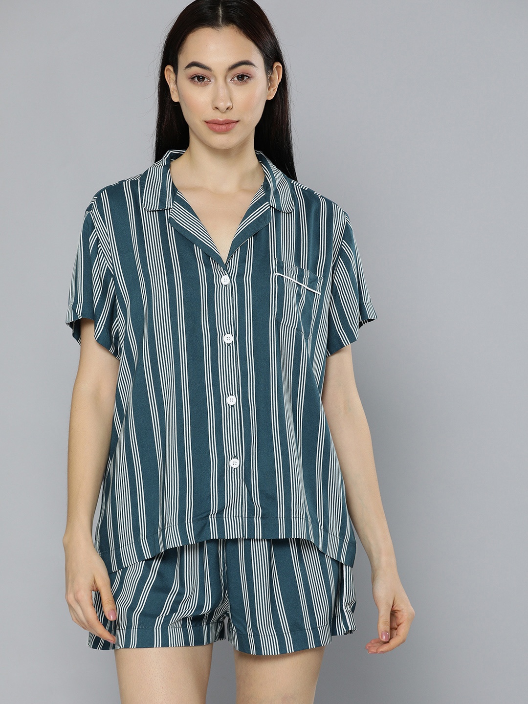 

Chemistry Women Teal Blue & White Striped Night suit