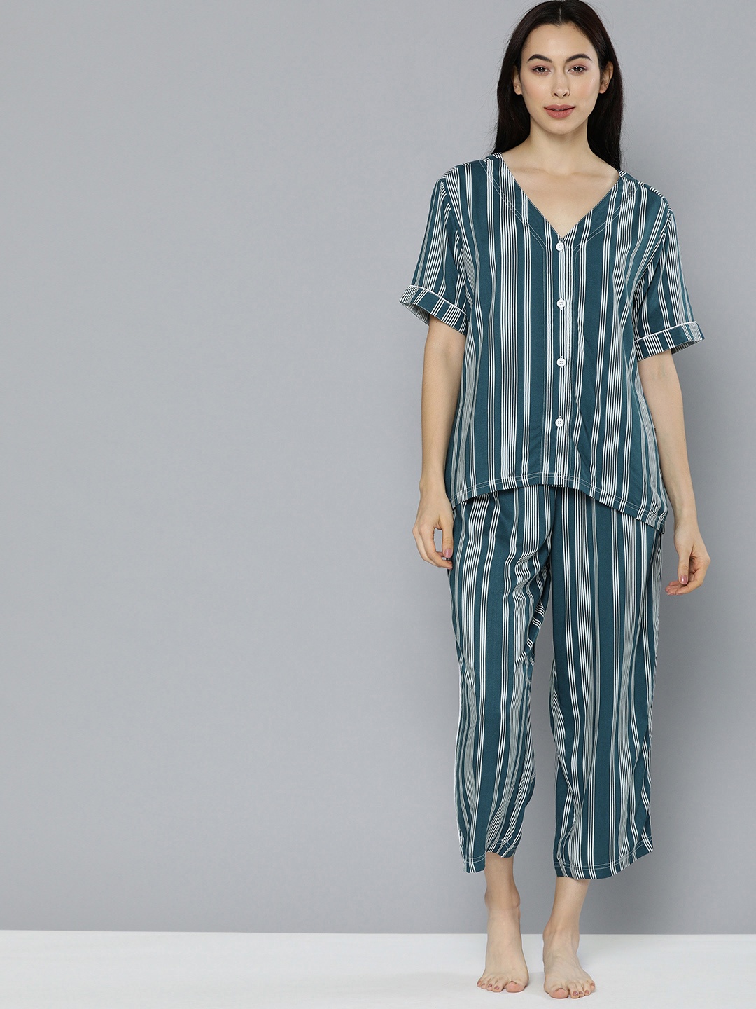 

Chemistry Women Teal Blue & White Striped Night suit