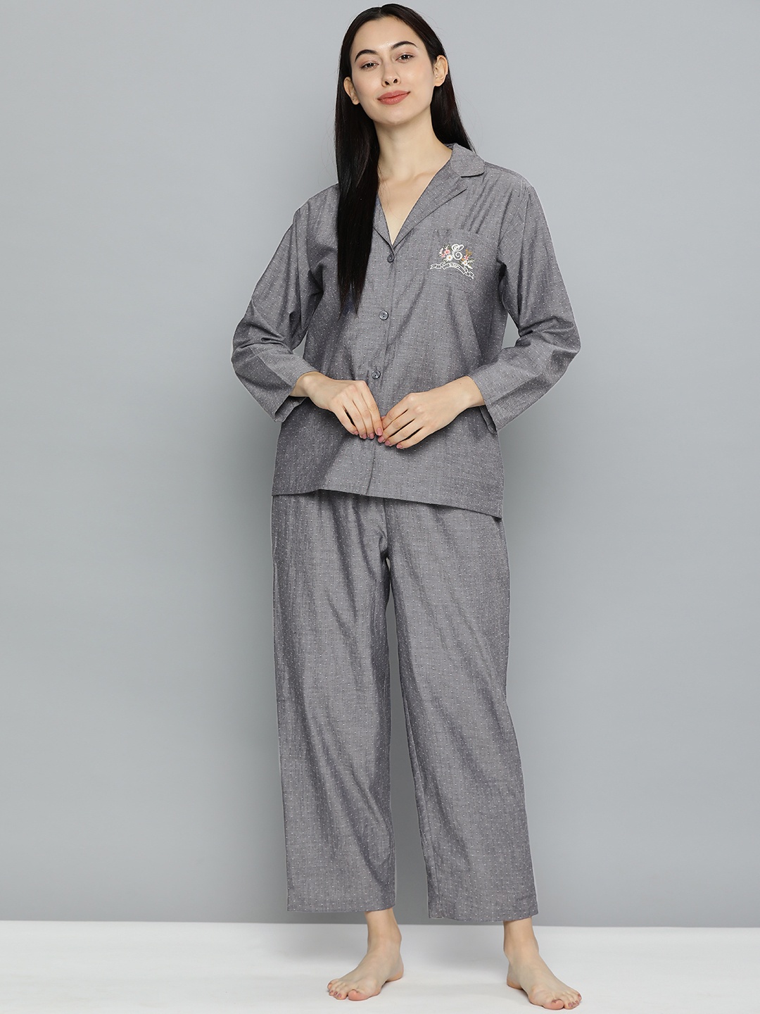 

Chemistry Women Grey Self Design Night suit with Embroidery