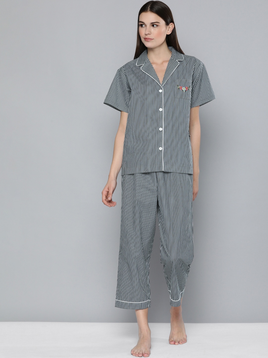 

Chemistry Women Black Striped Pure Cotton Night Suit