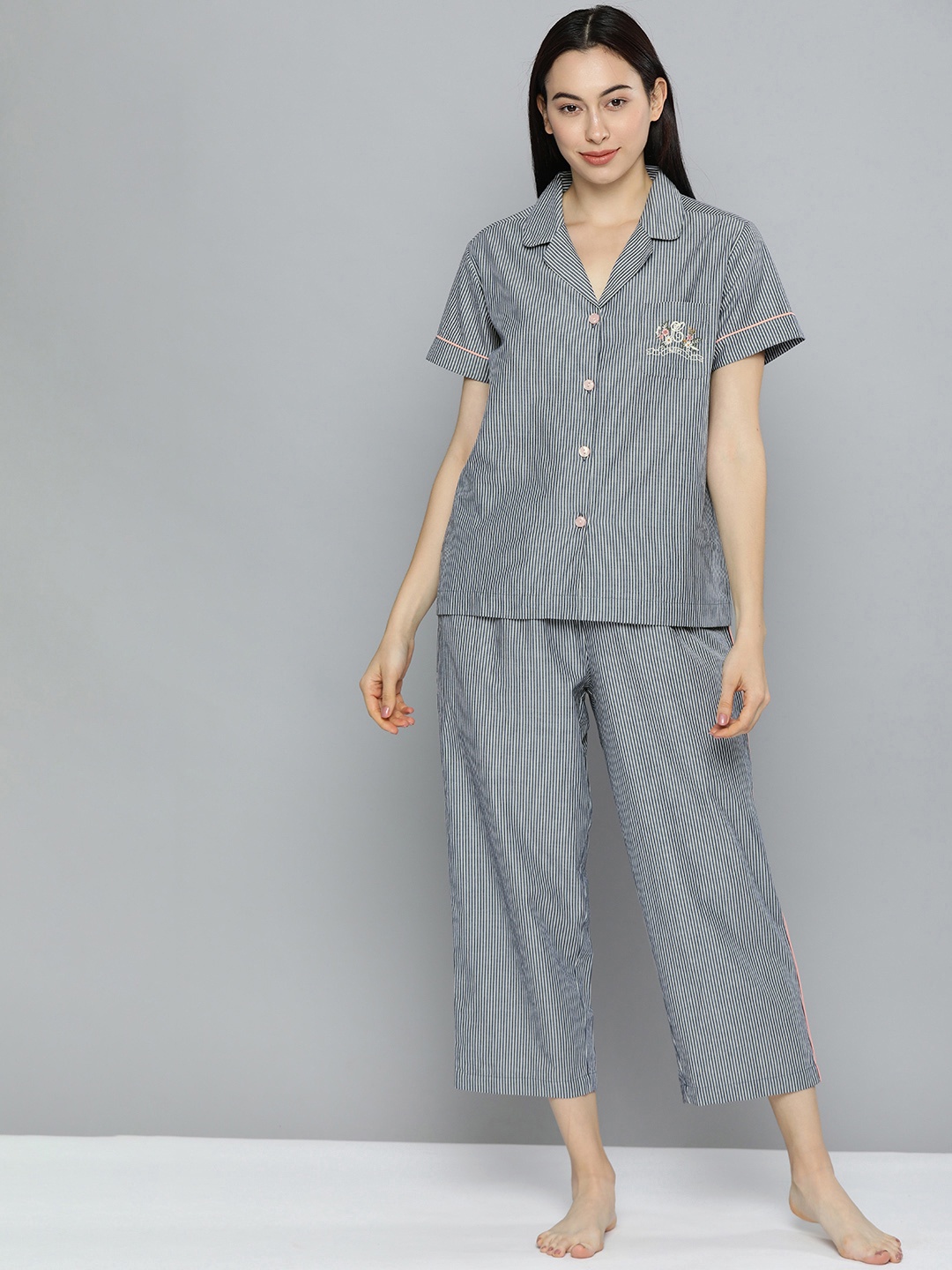 

Chemistry Women Grey & White Striped Night suit
