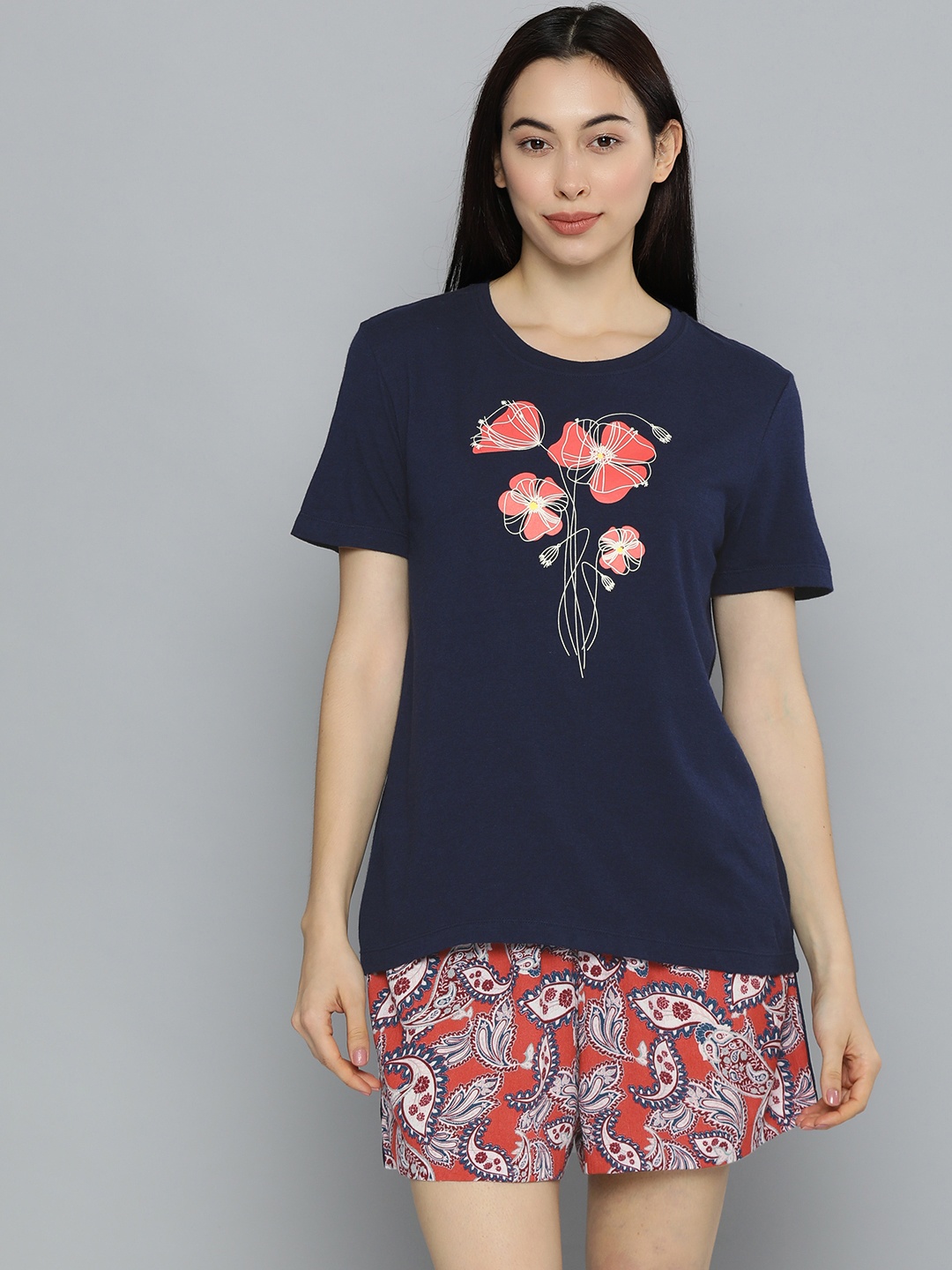 

Chemistry Women Navy Blue & Rust Pink Printed Night Suit
