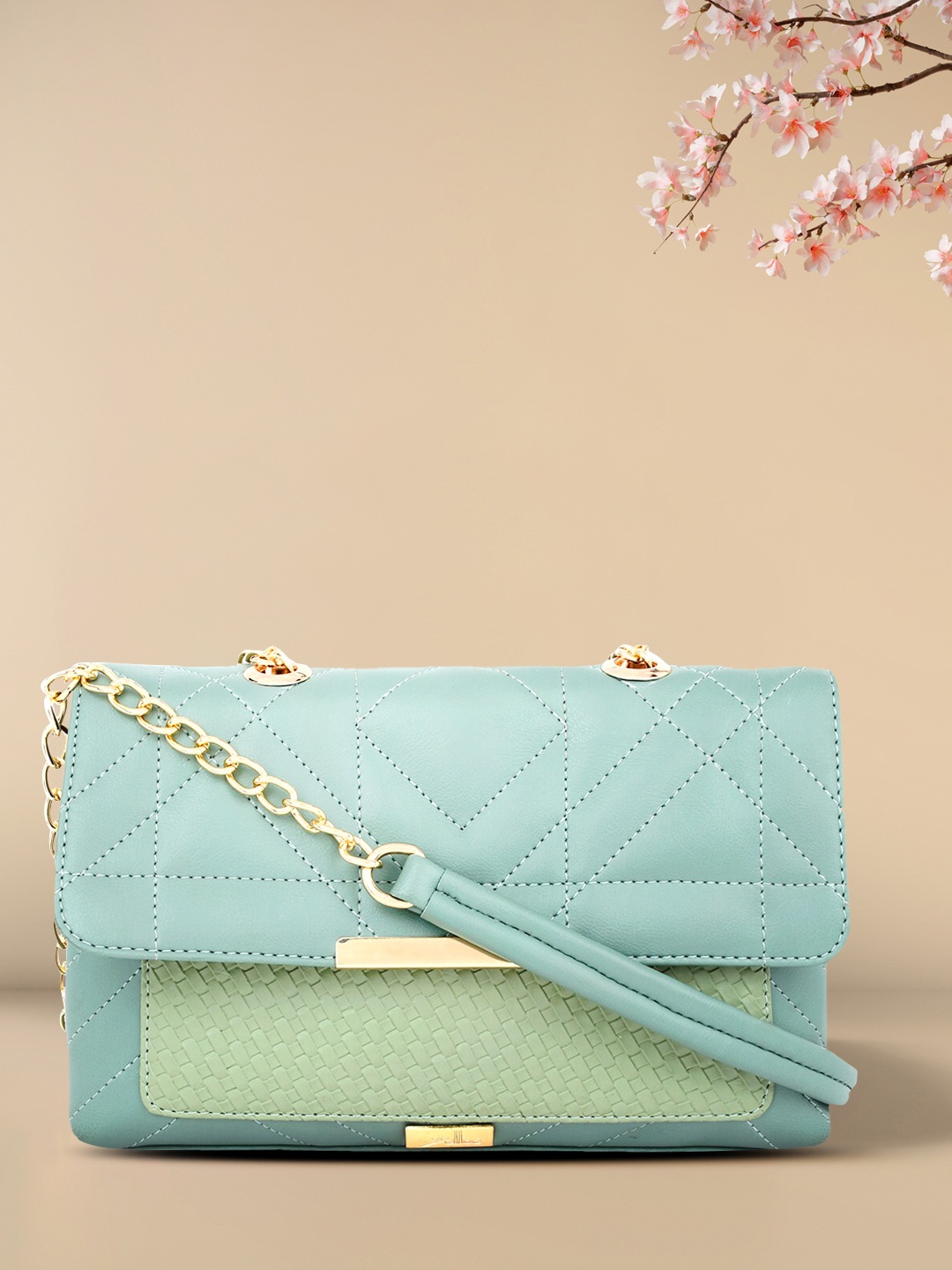 

yelloe Green Textured Structured Sling Bag with Quilting