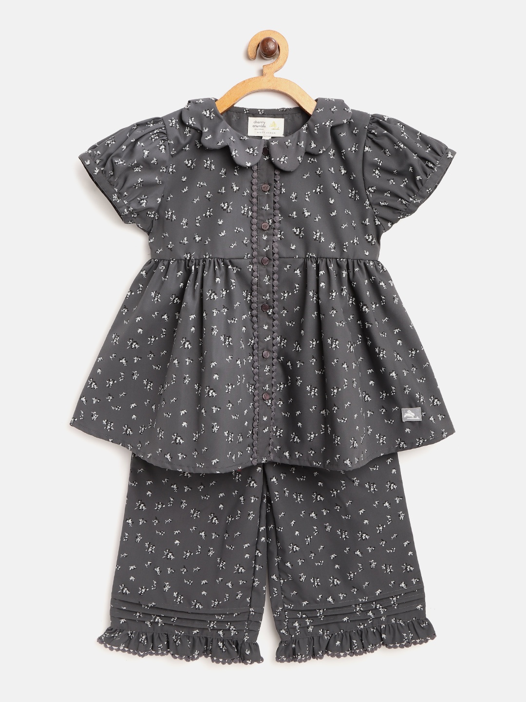 

Cherry Crumble Girls Charcoal Grey & White Cotton Sustainable Ditsy Floral Night Suit