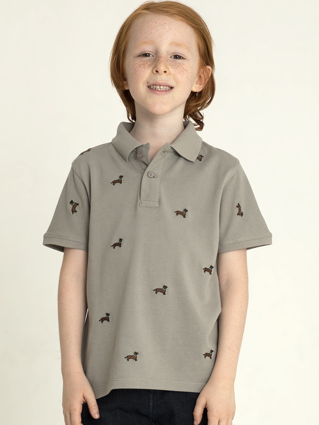 

Cherry Crumble Boys Grey & Coffee Brown Dog Embroidered Polo Collar T-shirt