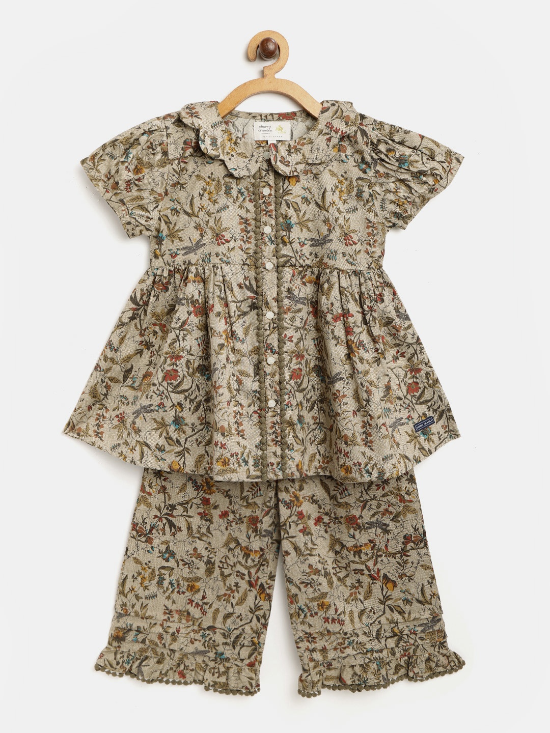 

Cherry Crumble Girls Brown Floral Printed Floral Peterpan Nightsuit, Taupe