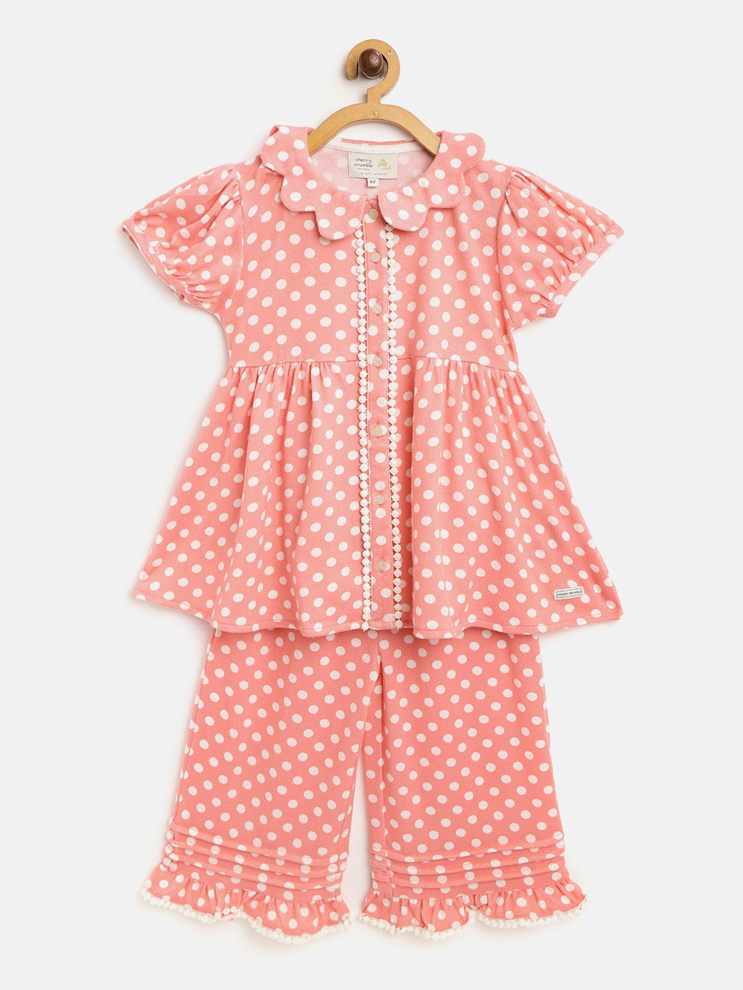 

Cherry Crumble Girls Peach-Coloured & White Polka Dots Pure Cotton Sustainable Night suit