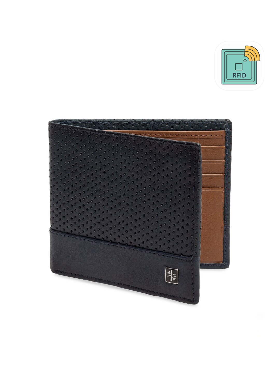 

Carlton London Men Navy Blue & Brown RFID Leather Two Fold Wallet