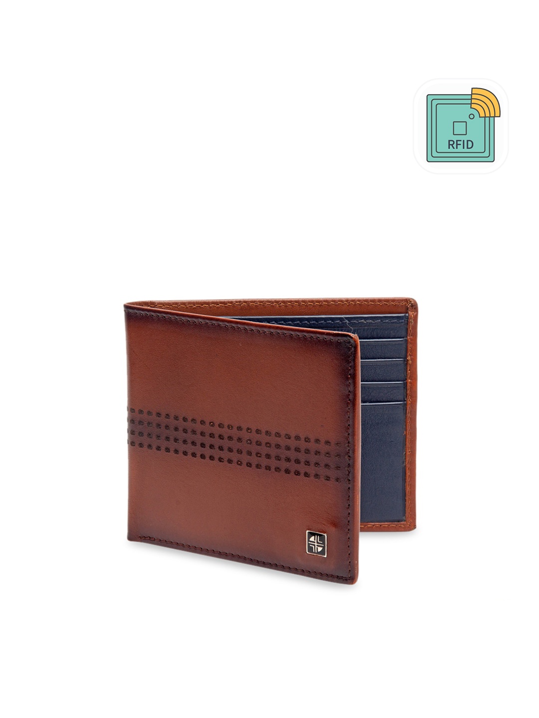 

Carlton London Men Tan & Navy Blue Solid RFID Leather Two Fold Wallet