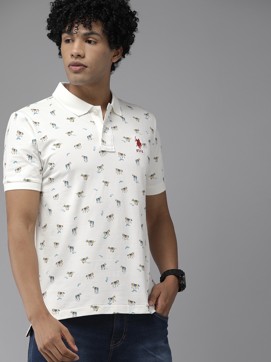 

U S Polo Assn Men White Printed Polo Collar T-shirt