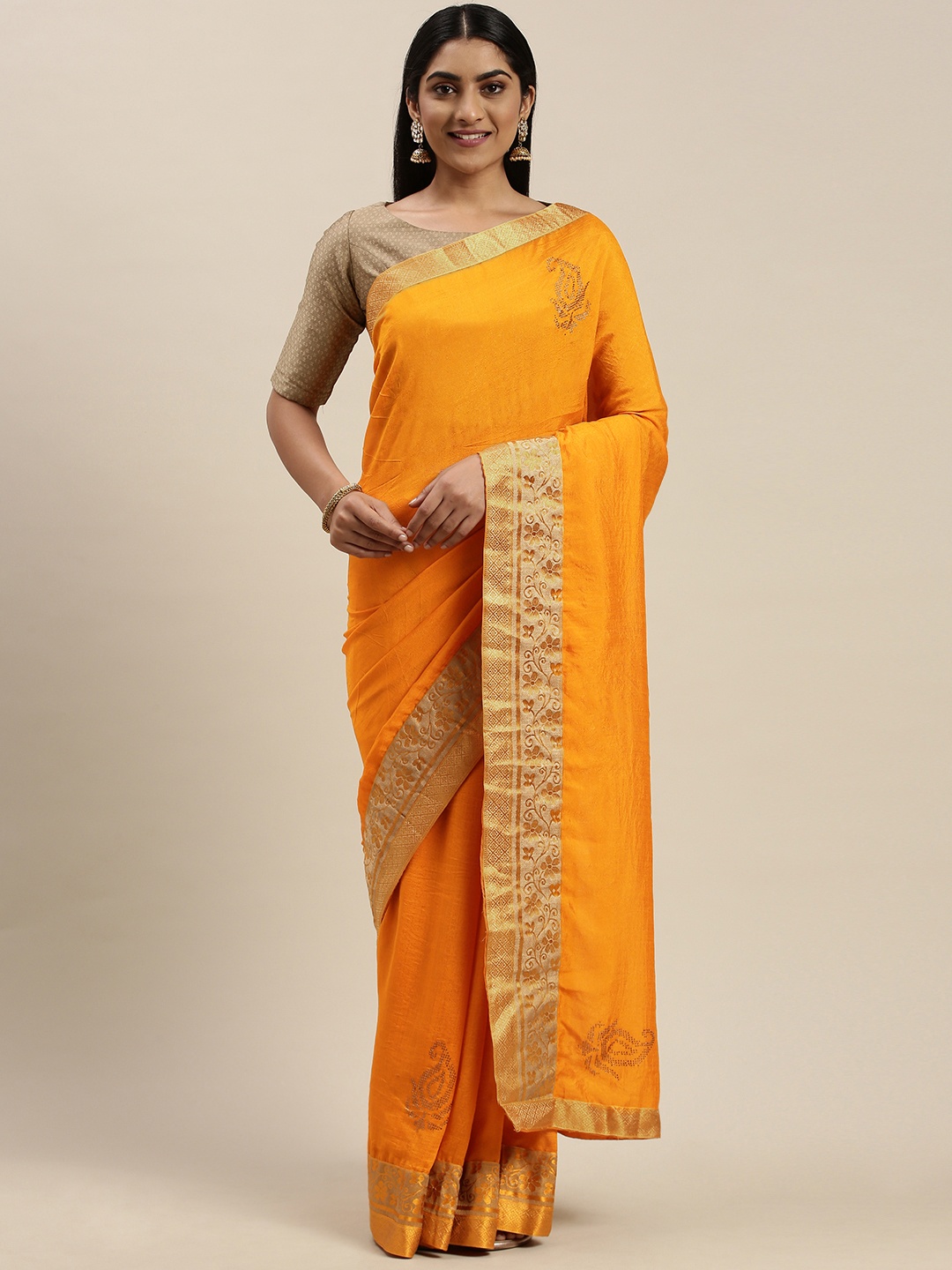 

Indian Women Mustard Yellow Embellished Silk Blend Saree